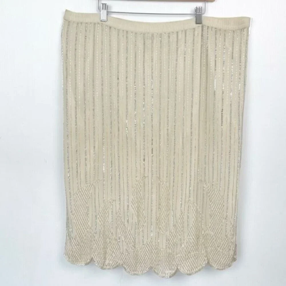 Judith Ann 100% silk Sequined beaded ivory party skirt Size L